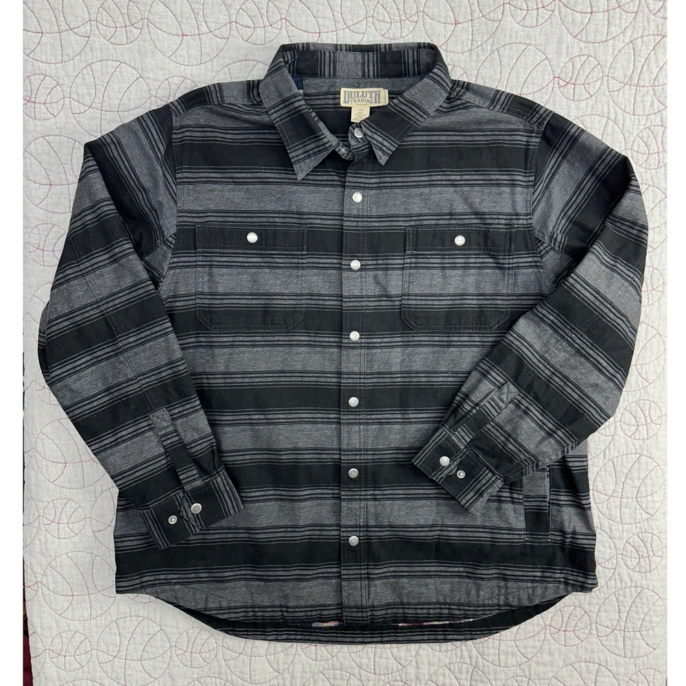 Duluth Trading Shirt Jacket Black Striped‎ Flannel Lined Fire Hose / Mens 2XL